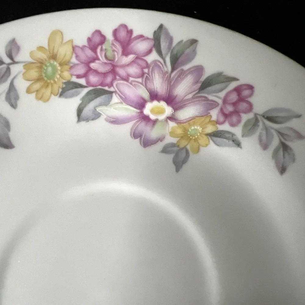 STR China Vintage Pink‎ Purple Yellow Floral Tea Cup and Saucer Gold Accents